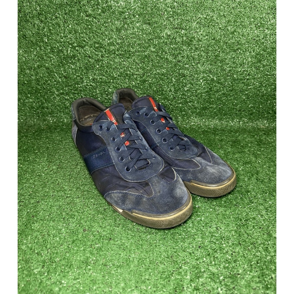 PRADA Mens Size 13 US Suede Leather Nylon Shoes Navy Red Stripe‎ Luxury Sneakers - Picture 2 of 14